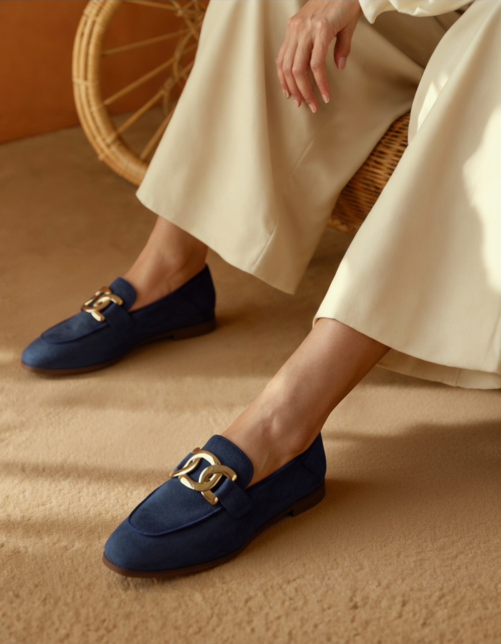 Women's slip-on loafers with gold-tone chain detail and low heel