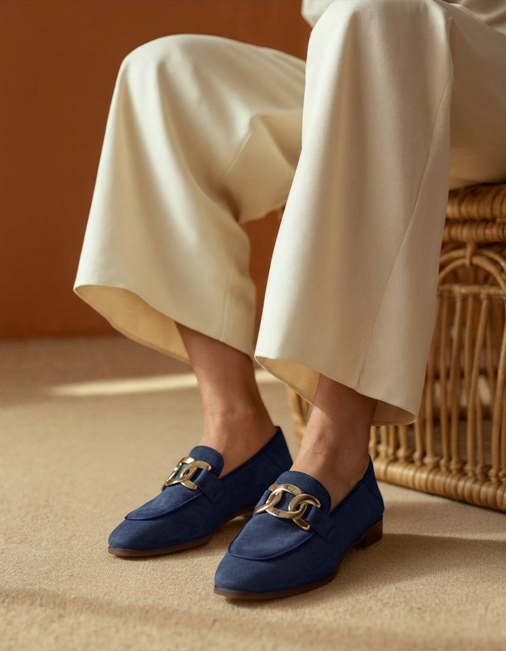 Women's slip-on loafers with gold-tone chain detail and low heel