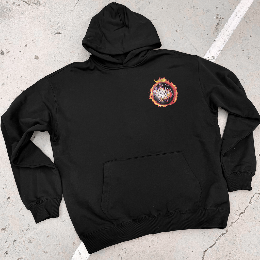 Black unisex hoodie with NBA JAM flame basketball back graphic