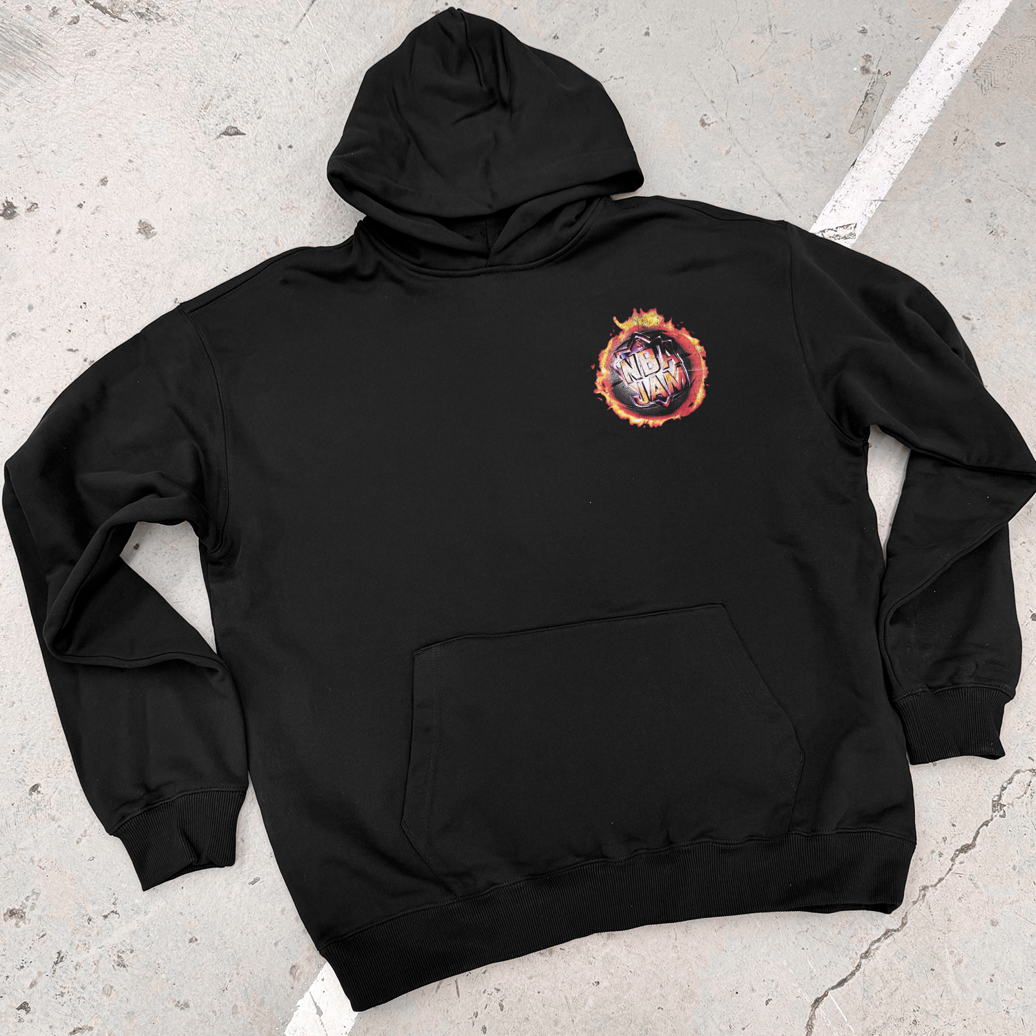 Black unisex hoodie with NBA JAM flame basketball back graphic