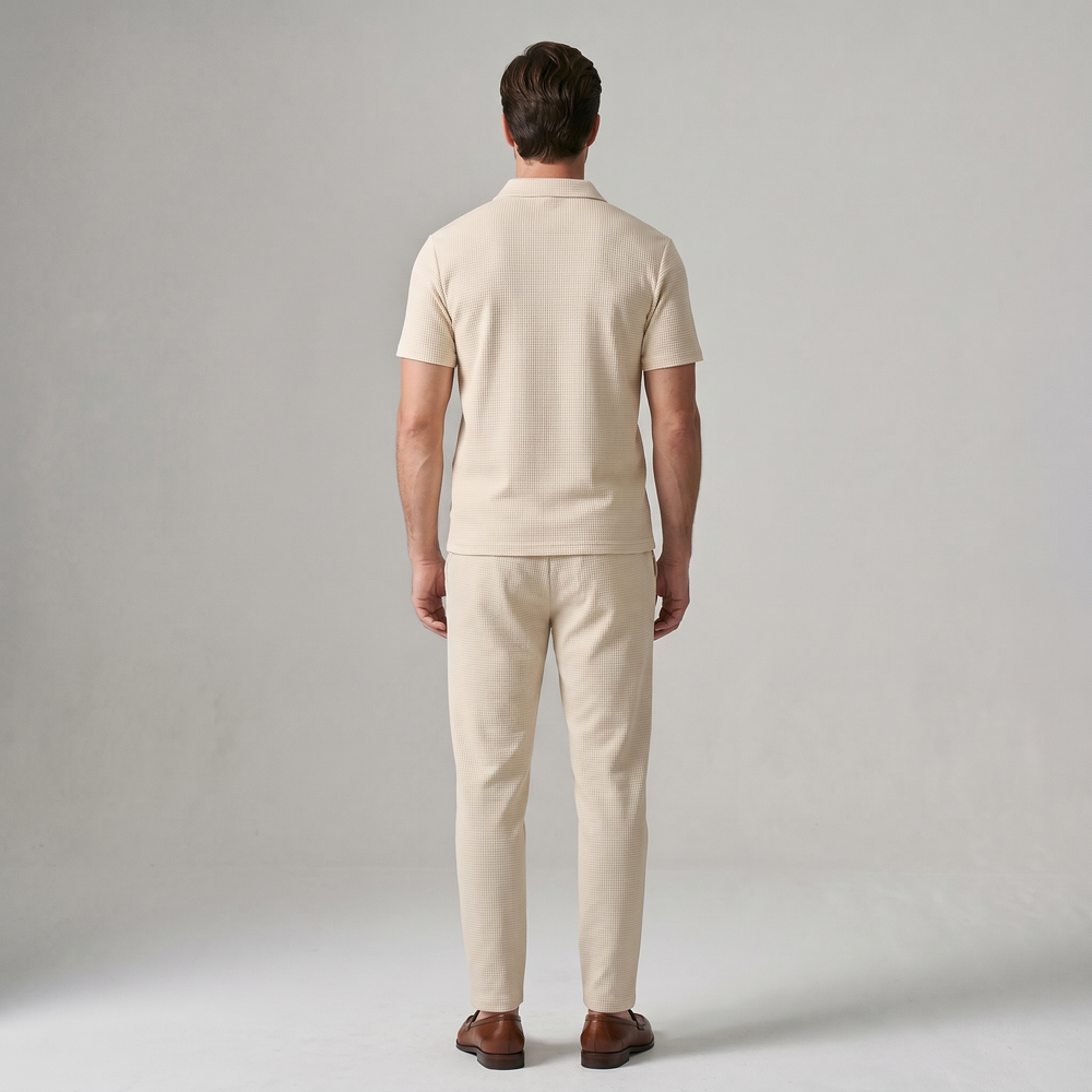 Men's Waffle-Texture Zip Polo and Trousers Two-Piece Set