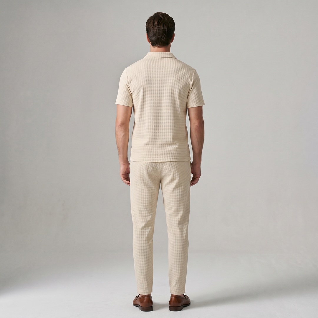 Men's Waffle-Texture Zip Polo and Trousers Two-Piece Set