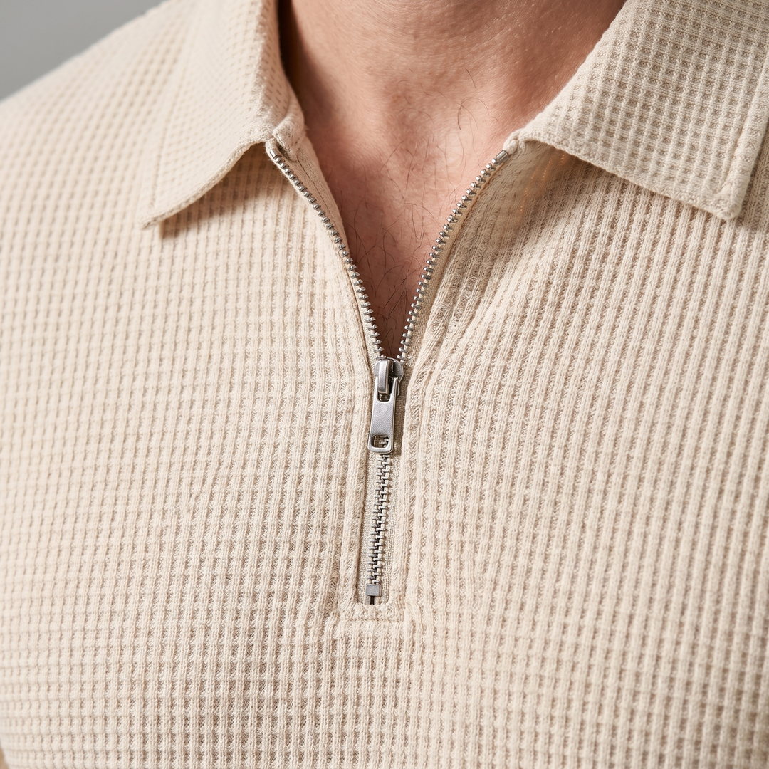 Men's Waffle-Texture Zip Polo and Trousers Two-Piece Set