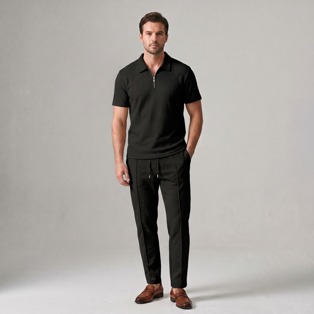 Men's Waffle-Texture Zip Polo and Trousers Two-Piece Set