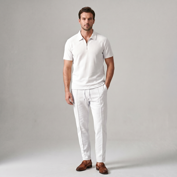 Men's Waffle-Texture Zip Polo and Trousers Two-Piece Set
