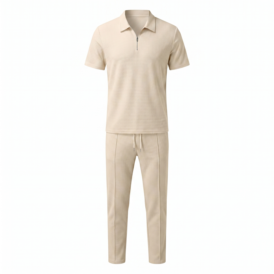 Men's Waffle-Texture Zip Polo and Trousers Two-Piece Set