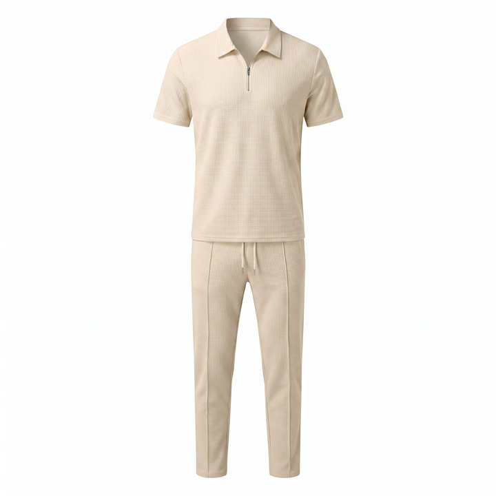 Men's Waffle-Texture Zip Polo and Trousers Two-Piece Set