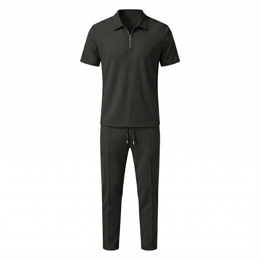 Men's Waffle-Texture Zip Polo and Trousers Two-Piece Set