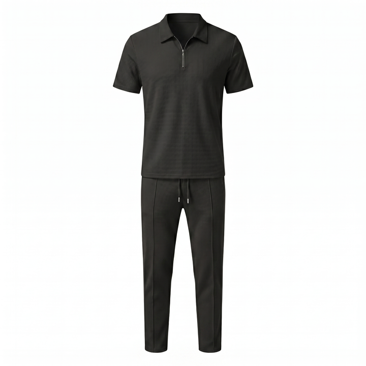 Men's Waffle-Texture Zip Polo and Trousers Two-Piece Set