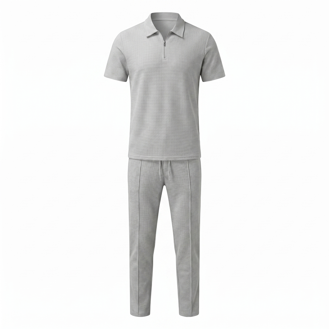 Men's Waffle-Texture Zip Polo and Trousers Two-Piece Set