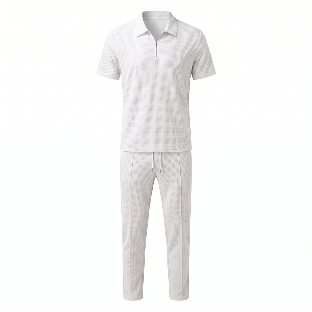 Men's Waffle-Texture Zip Polo and Trousers Two-Piece Set