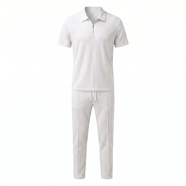 Men's Waffle-Texture Zip Polo and Trousers Two-Piece Set