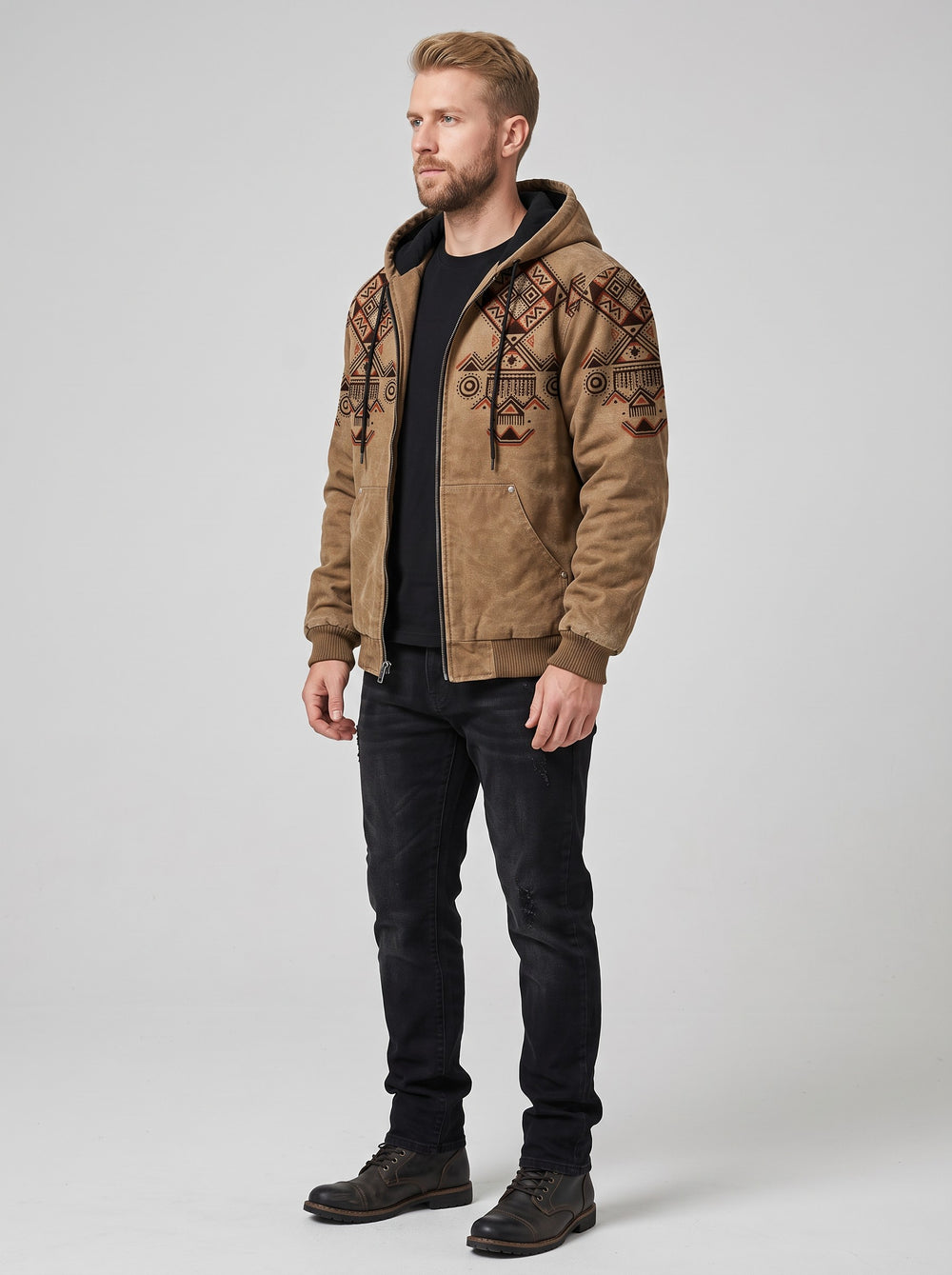 Men's Aztec Print Hooded Jacket in brown