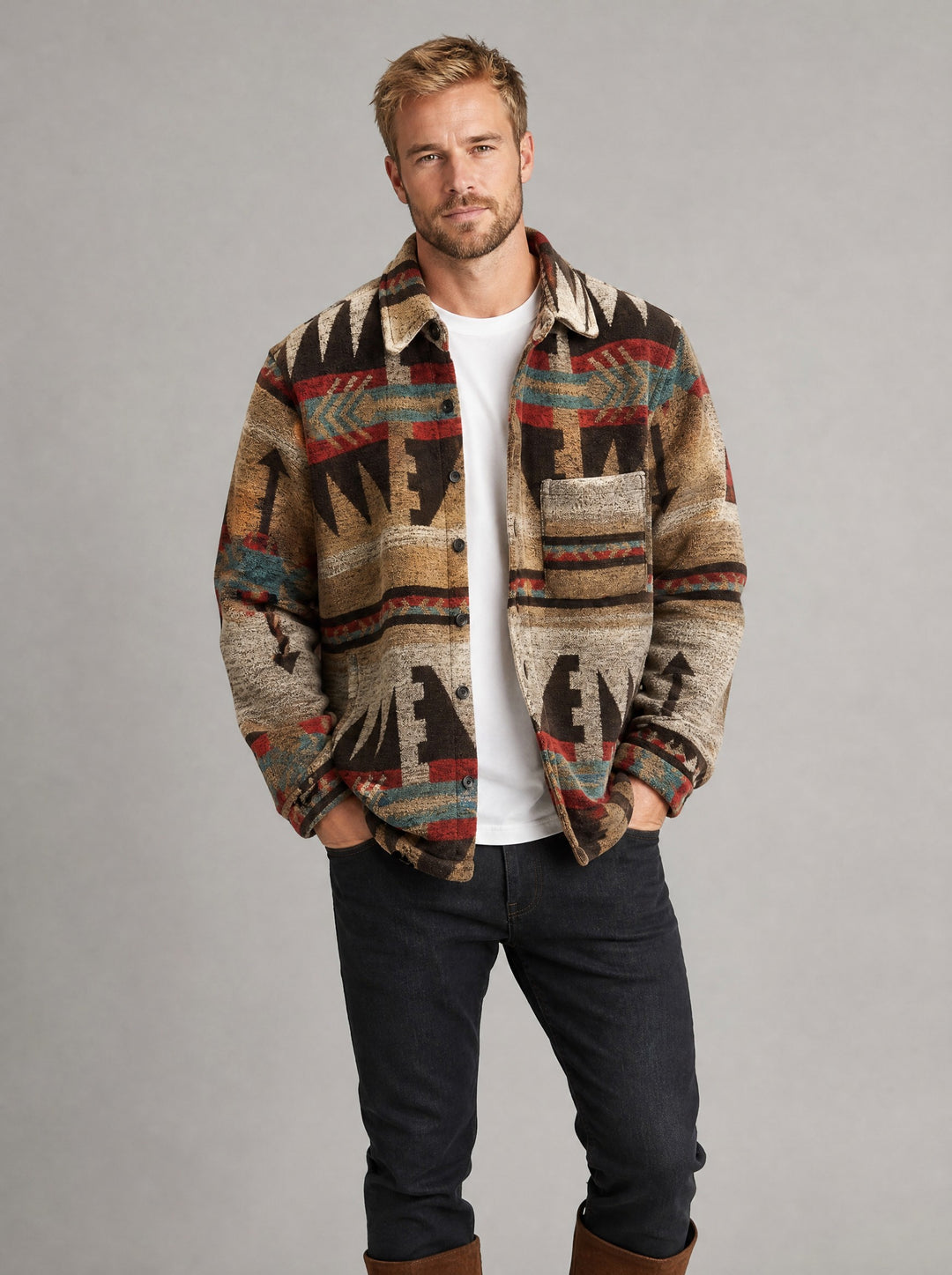 Men's Aztec Print Longline Shacket in dark brown