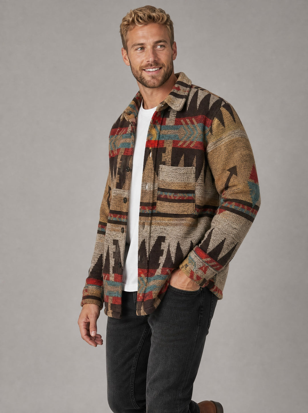 Men's Aztec Print Longline Shacket in dark brown