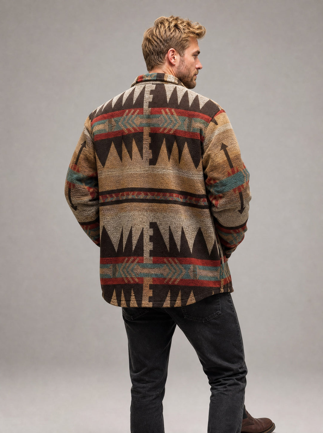 Men's Aztec Print Longline Shacket in dark brown