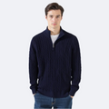 Men's cable knit quarter-zip sweater with stand collar and long sleeves