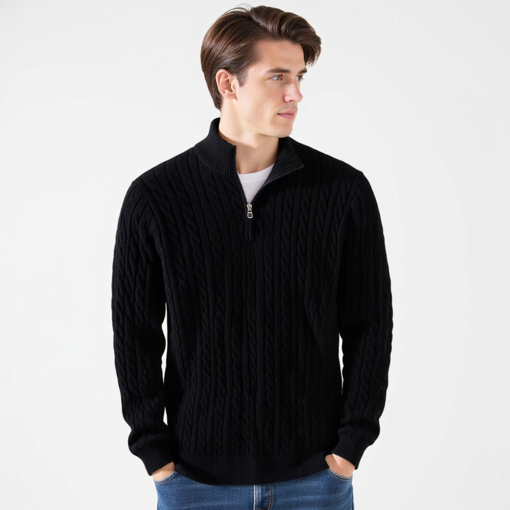 Men's cable knit quarter-zip sweater with stand collar and long sleeves