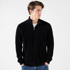 Men's cable knit quarter-zip sweater with stand collar and long sleeves