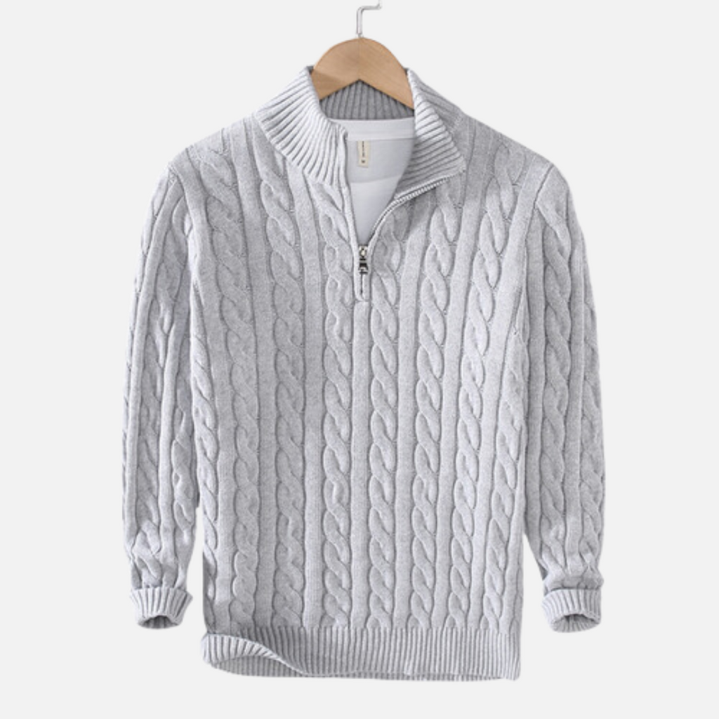 Men's cable knit quarter-zip sweater with stand collar and long sleeves