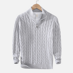 Men's cable knit quarter-zip sweater with stand collar and long sleeves