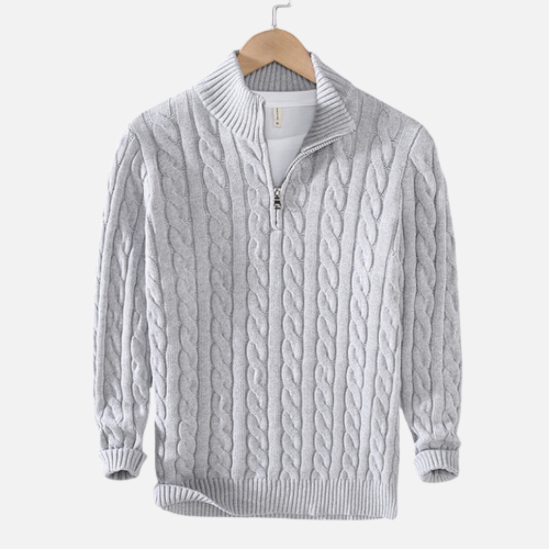 Men's cable knit quarter-zip sweater with stand collar and long sleeves
