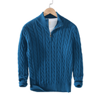 Men's cable knit quarter-zip sweater with stand collar and long sleeves