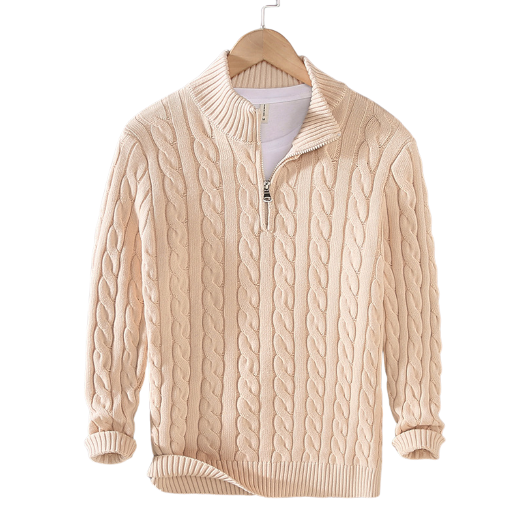 Men's cable knit quarter-zip sweater with stand collar and long sleeves