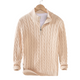 Men's cable knit quarter-zip sweater with stand collar and long sleeves
