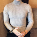 Men's long-sleeve cable knit turtleneck sweater with ribbed trims