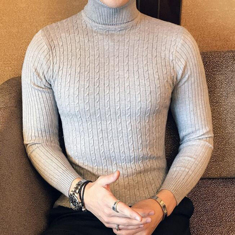 Men's long-sleeve cable knit turtleneck sweater with ribbed trims