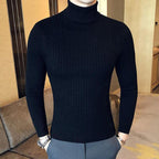 Men's long-sleeve cable knit turtleneck sweater with ribbed trims