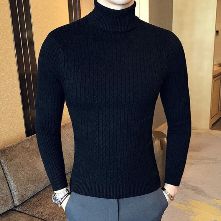 Men's long-sleeve cable knit turtleneck sweater with ribbed trims