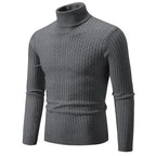 Men's long-sleeve cable knit turtleneck sweater with ribbed trims
