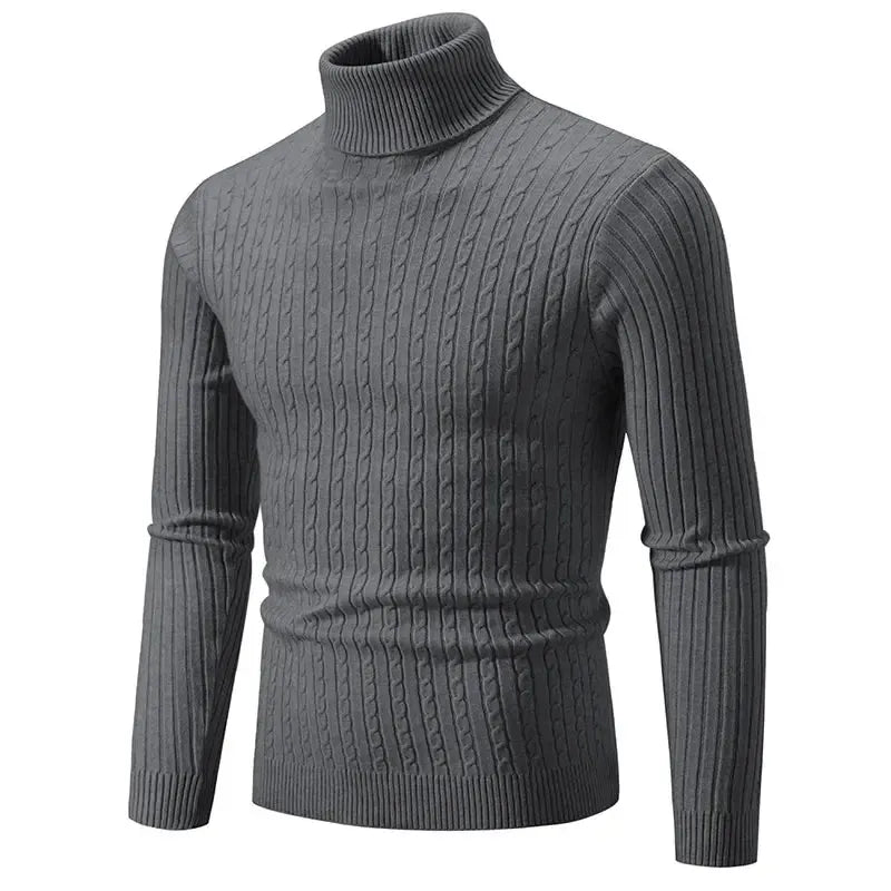 Men's long-sleeve cable knit turtleneck sweater with ribbed trims