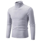 Men's long-sleeve cable knit turtleneck sweater with ribbed trims