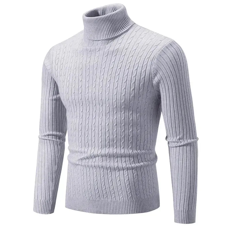 Men's long-sleeve cable knit turtleneck sweater with ribbed trims