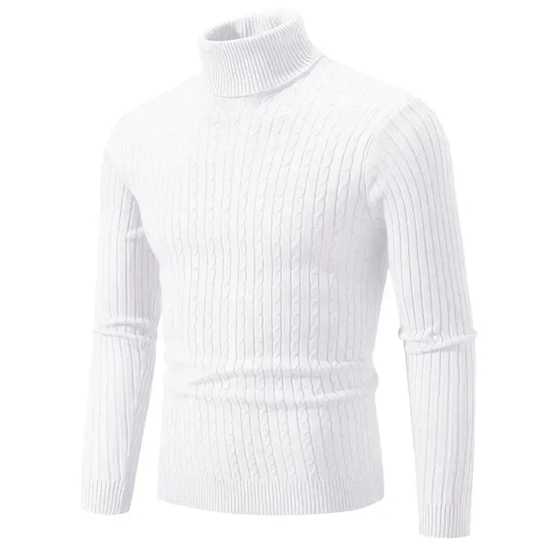 Men's long-sleeve cable knit turtleneck sweater with ribbed trims