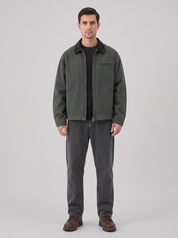 Men's Canvas Barn Jacket with Corduroy Collar in olive green