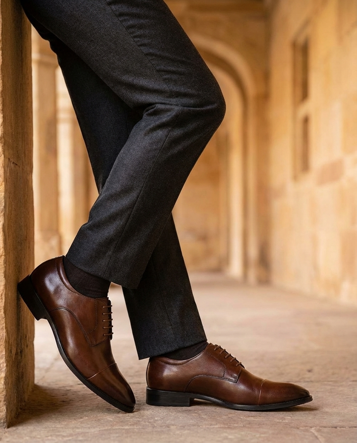 Men's cap toe Oxford shoes with closed lacing