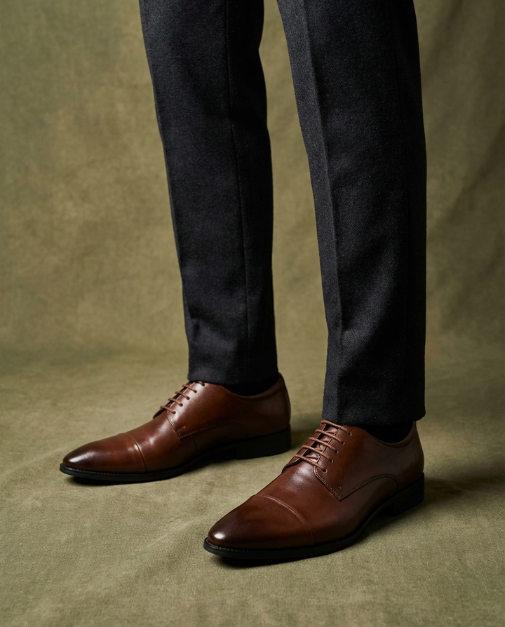 Men's cap toe Oxford shoes with closed lacing