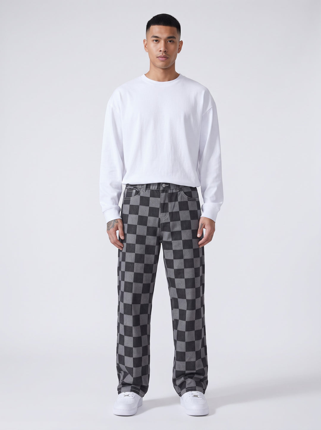 Men's Checkerboard Straight-Leg Trousers in black