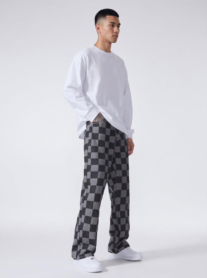 Men's Checkerboard Straight-Leg Trousers in black