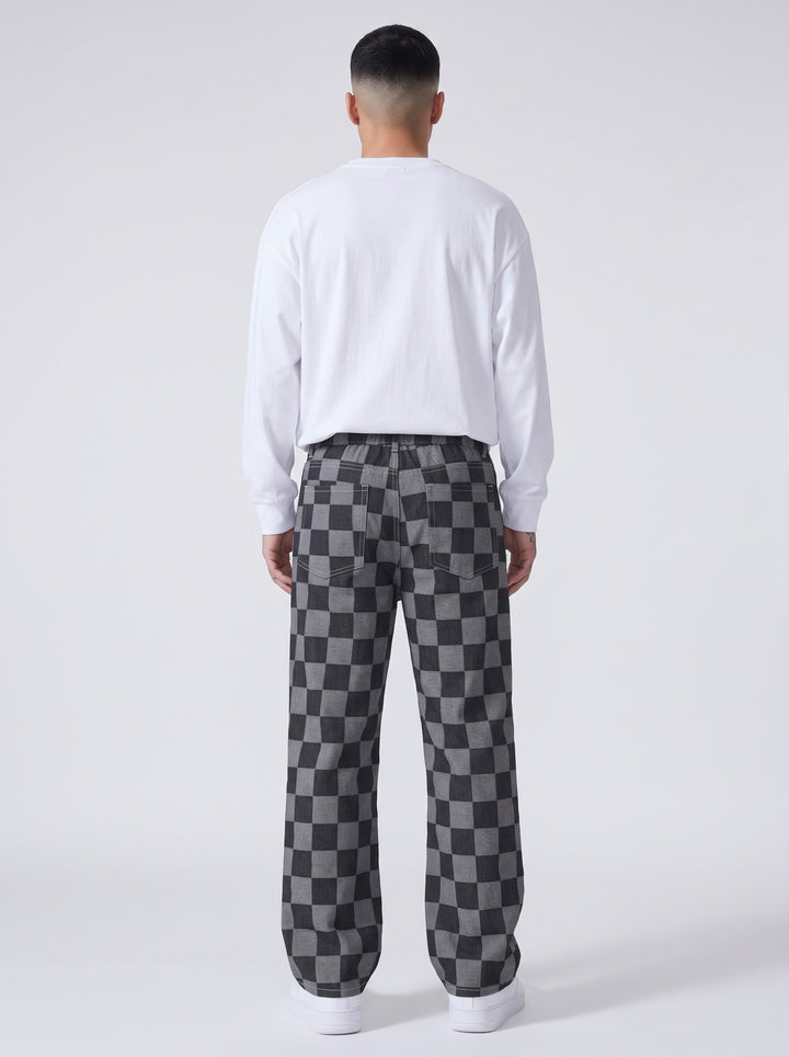 Men's Checkerboard Straight-Leg Trousers in black