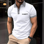 Men's short sleeve knit polo shirt with checkered trim