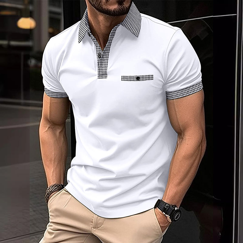Men's short sleeve knit polo shirt with checkered trim