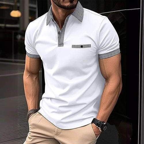 Men's short sleeve knit polo shirt with checkered trim