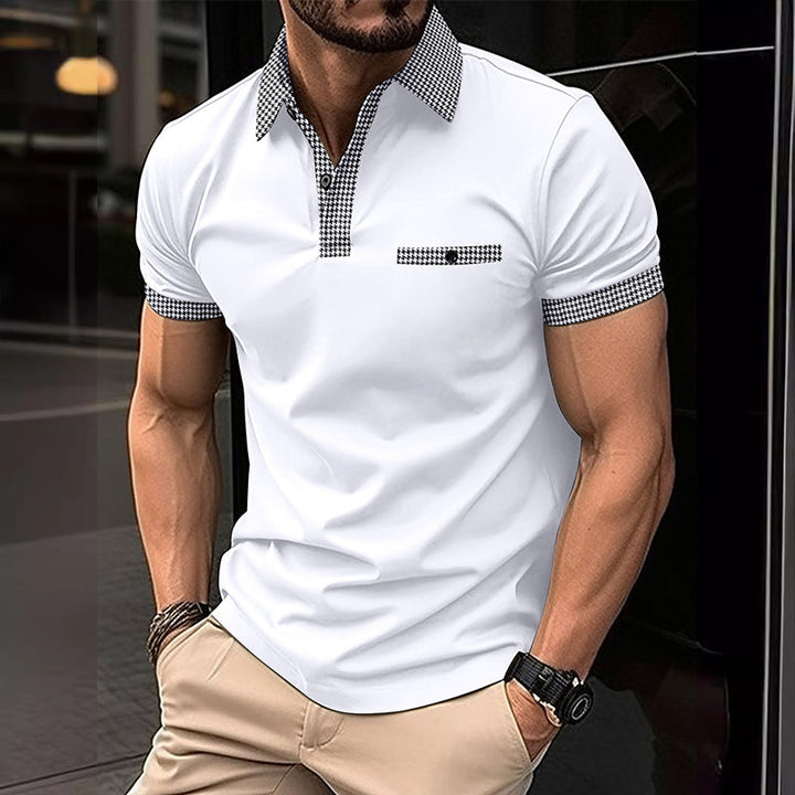 Men's short sleeve knit polo shirt with checkered trim