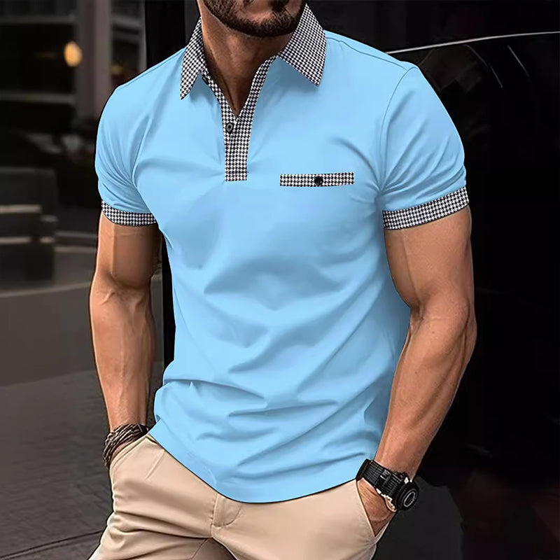 Men's short sleeve knit polo shirt with checkered trim