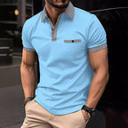 Men's short sleeve knit polo shirt with checkered trim